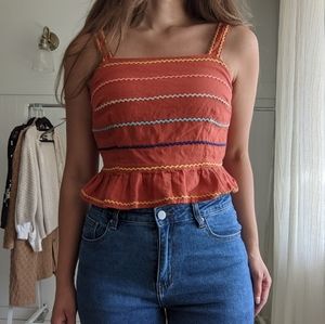 Orange cotton and linen embroidered crop top